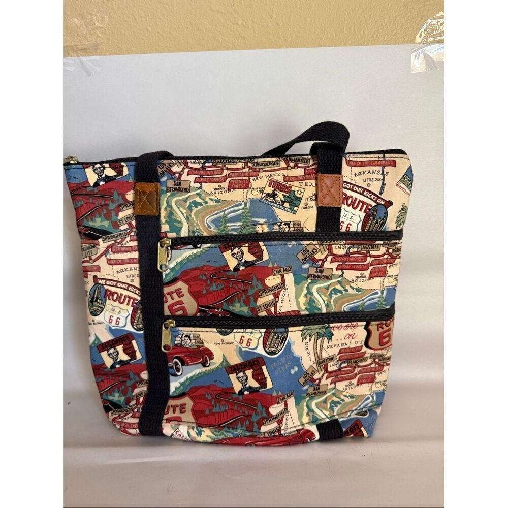 Route 66 Tote Bag Retro Road Trip Map Print Vintage Canvas Zipper Pockets